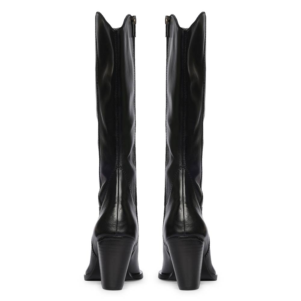 Saint Prune black knee high boots, back pair view showing stacked block heel