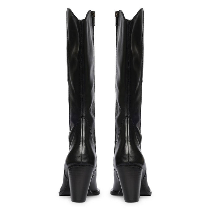 Saint Prune black knee high boots, back pair view showing stacked block heel