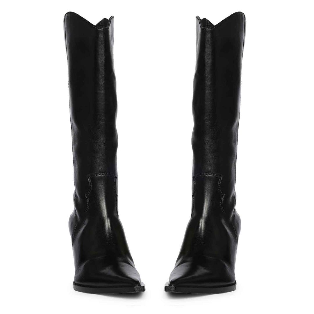 Women's black leather knee high boots, front pair view with western-cut shaft