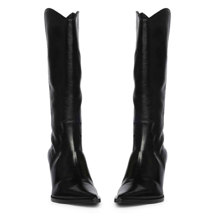 Women's black leather knee high boots, front pair view with western-cut shaft