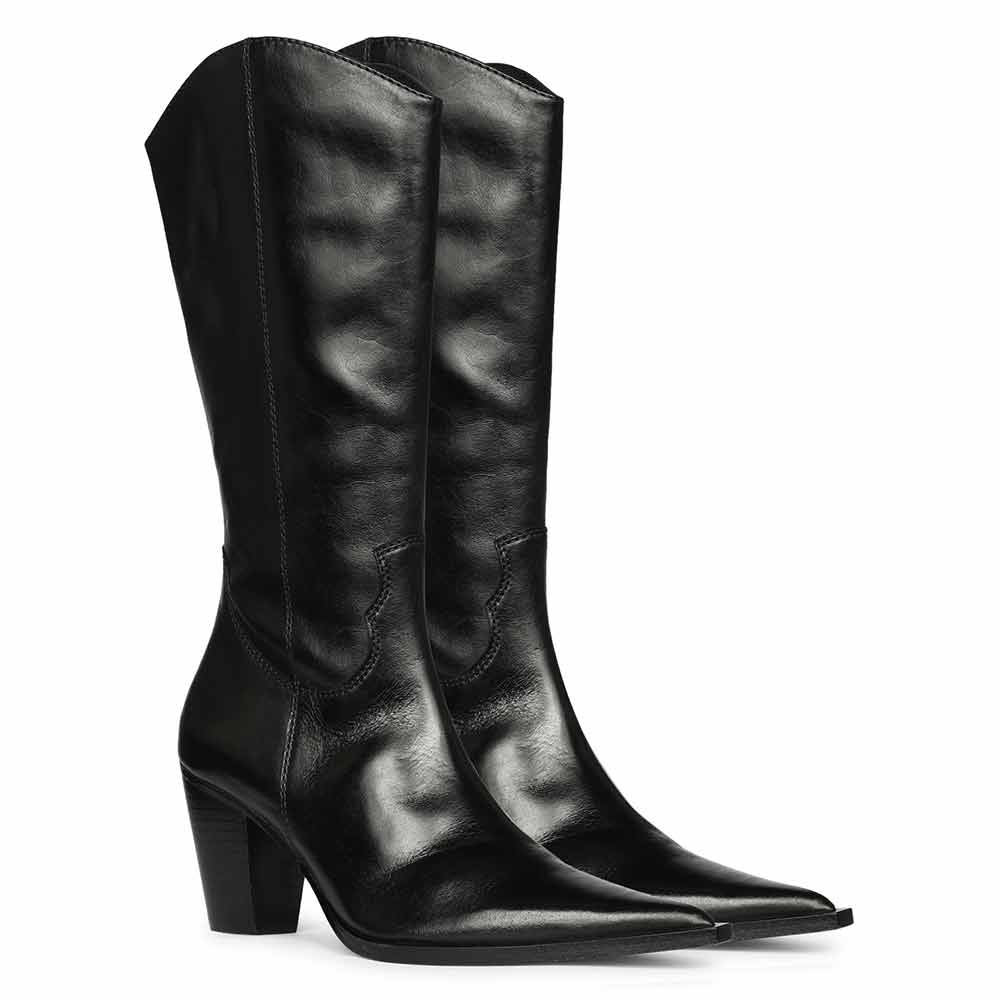 Black leather knee high boots for women UK, pair view showing pointed toe and stacked heel