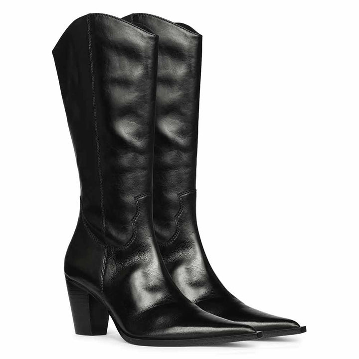 Black leather knee high boots for women UK, pair view showing pointed toe and stacked heel