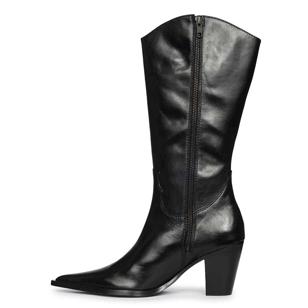 Saint Prune black leather knee high boots, side view showing zip closure
