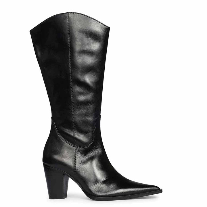 Saint Prune black leather knee high boots for women, western-style side view with stacked heel