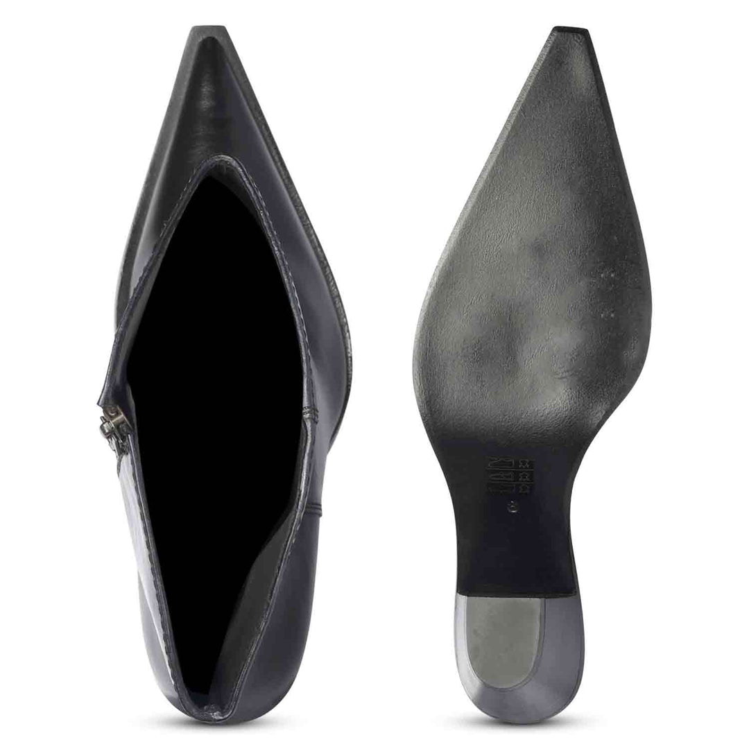 Saint Prune black leather knee high boots, interior and sole view