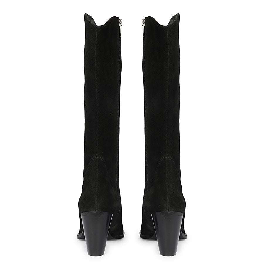 Saint Prune black suede knee high boots, back pair view showing stacked block heel
