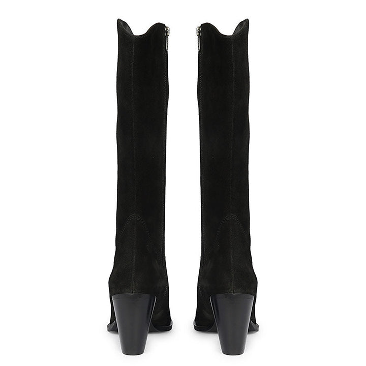 Saint Prune black suede knee high boots, back pair view showing stacked block heel