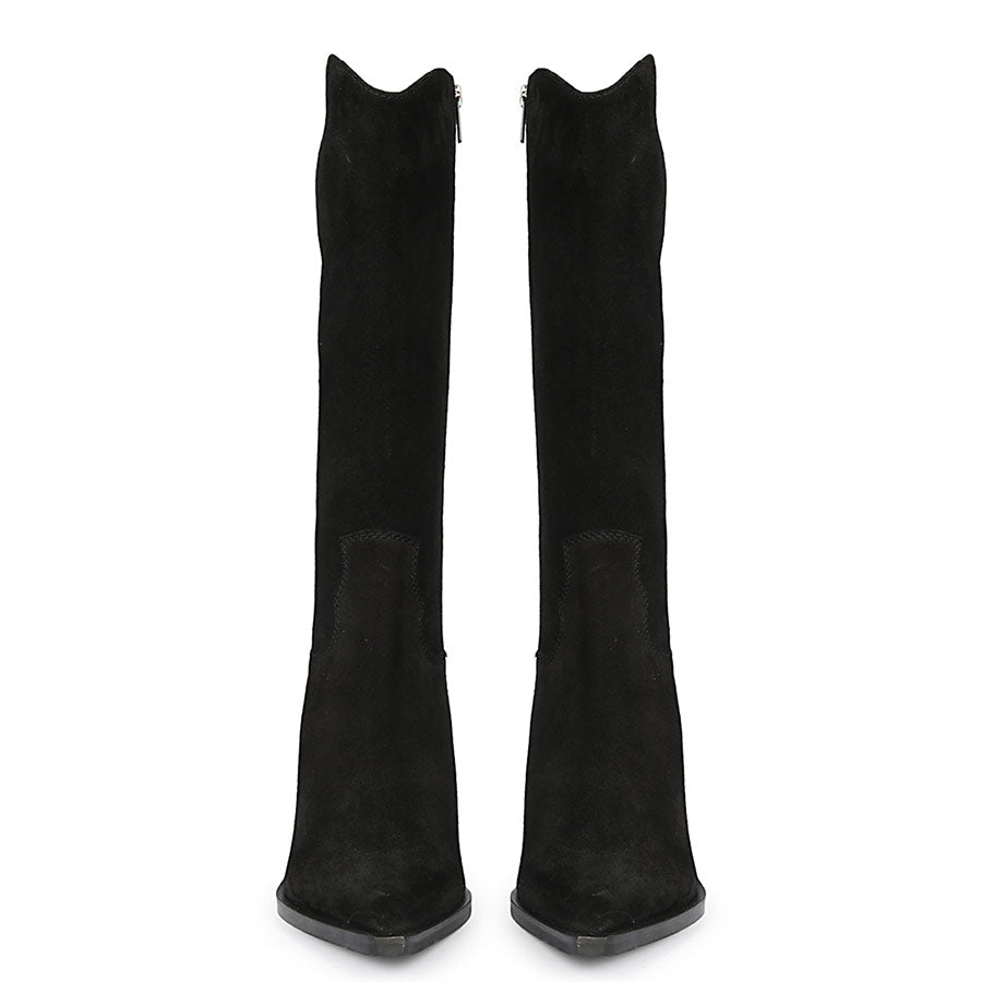 Women's black suede knee high boots, front pair view with western-cut shaft