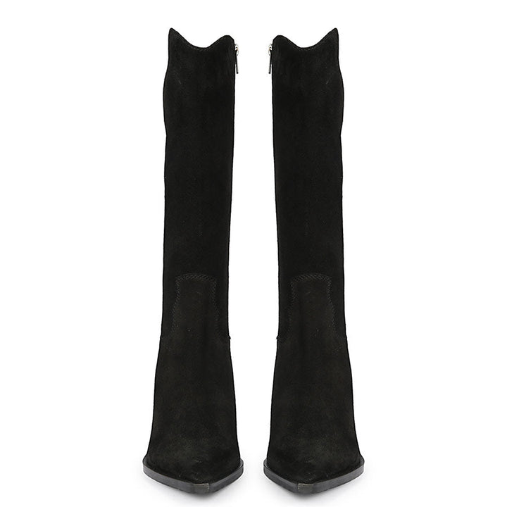 Women's black suede knee high boots, front pair view with western-cut shaft