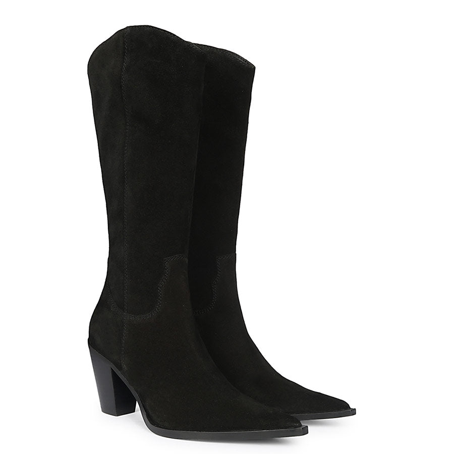 Black suede knee high boots for women UK, pair view showing pointed toe and stacked heel