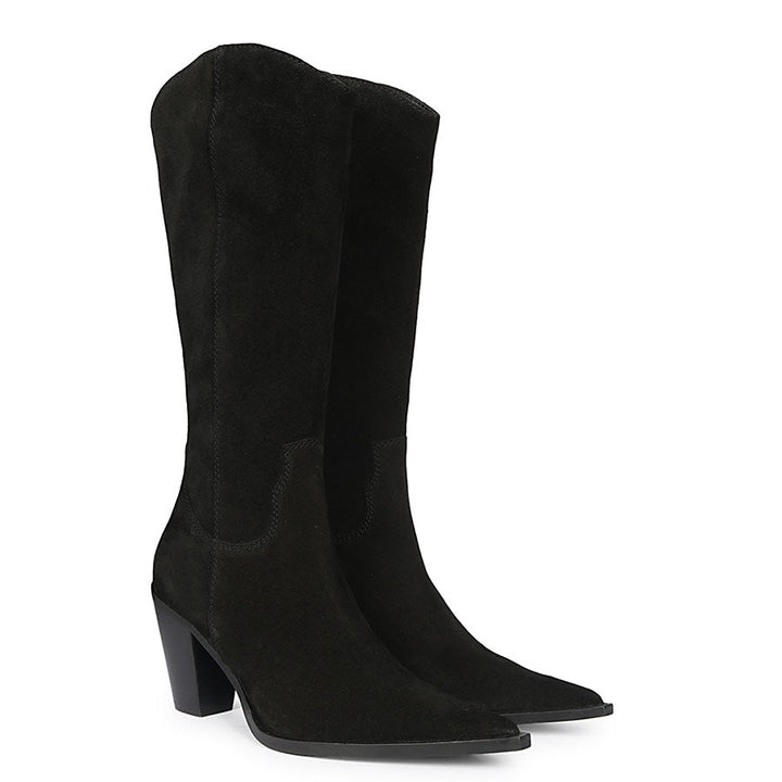 Black suede knee high boots for women UK, pair view showing pointed toe and stacked heel
