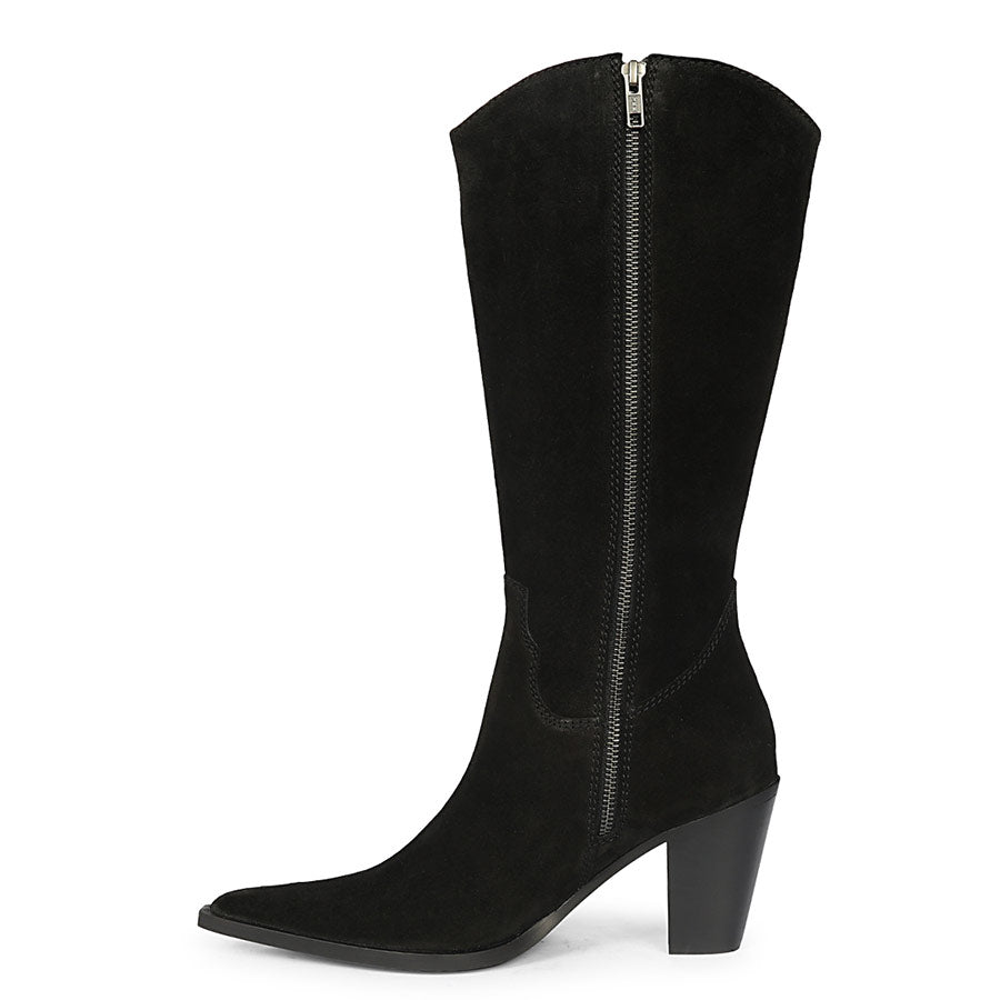 Saint Prune black suede knee high boots, side view showing zip closure