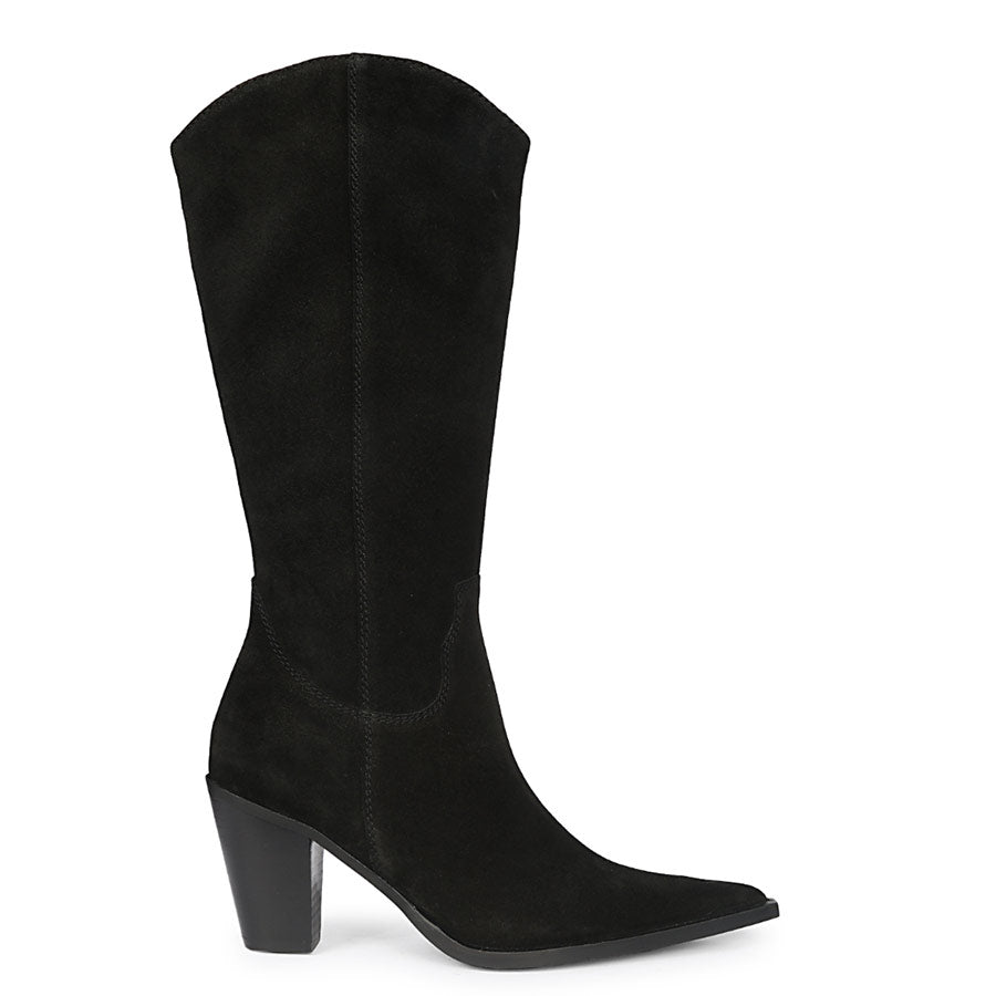 Saint Prune black suede knee high boots for women, western-style side view with stacked heel