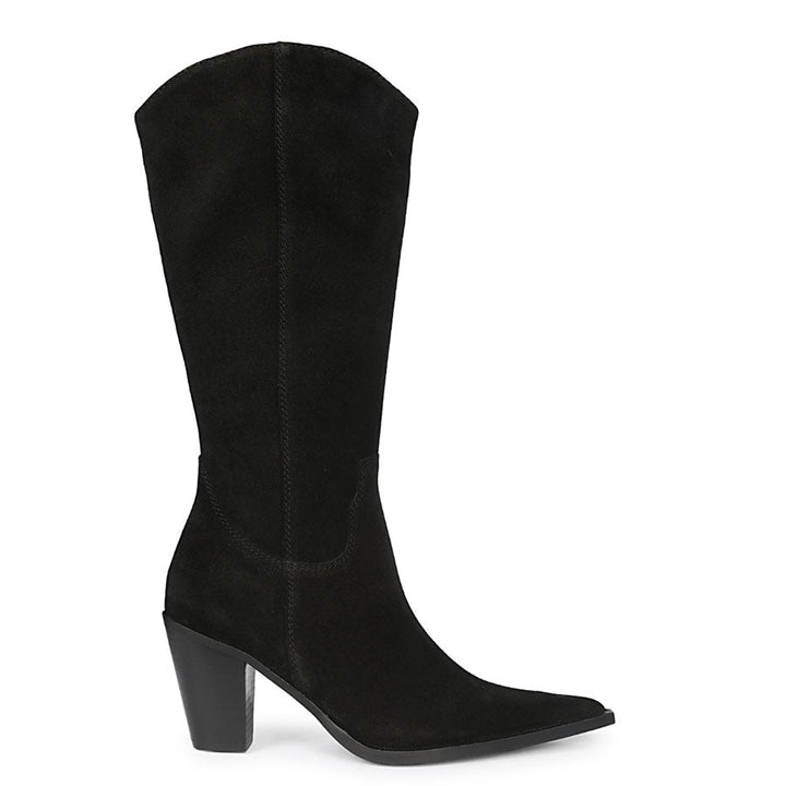 Saint Prune black suede knee high boots for women, western-style side view with stacked heel