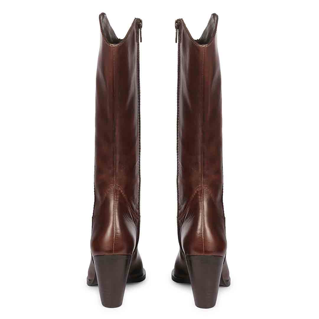 Saint Prune brown knee high boots, back pair view showing stacked block heel