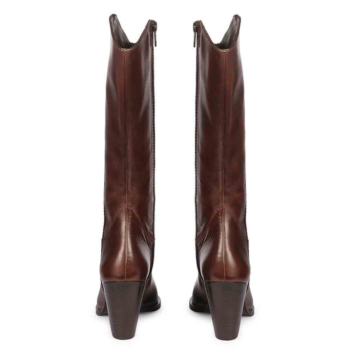 Saint Prune brown knee high boots, back pair view showing stacked block heel