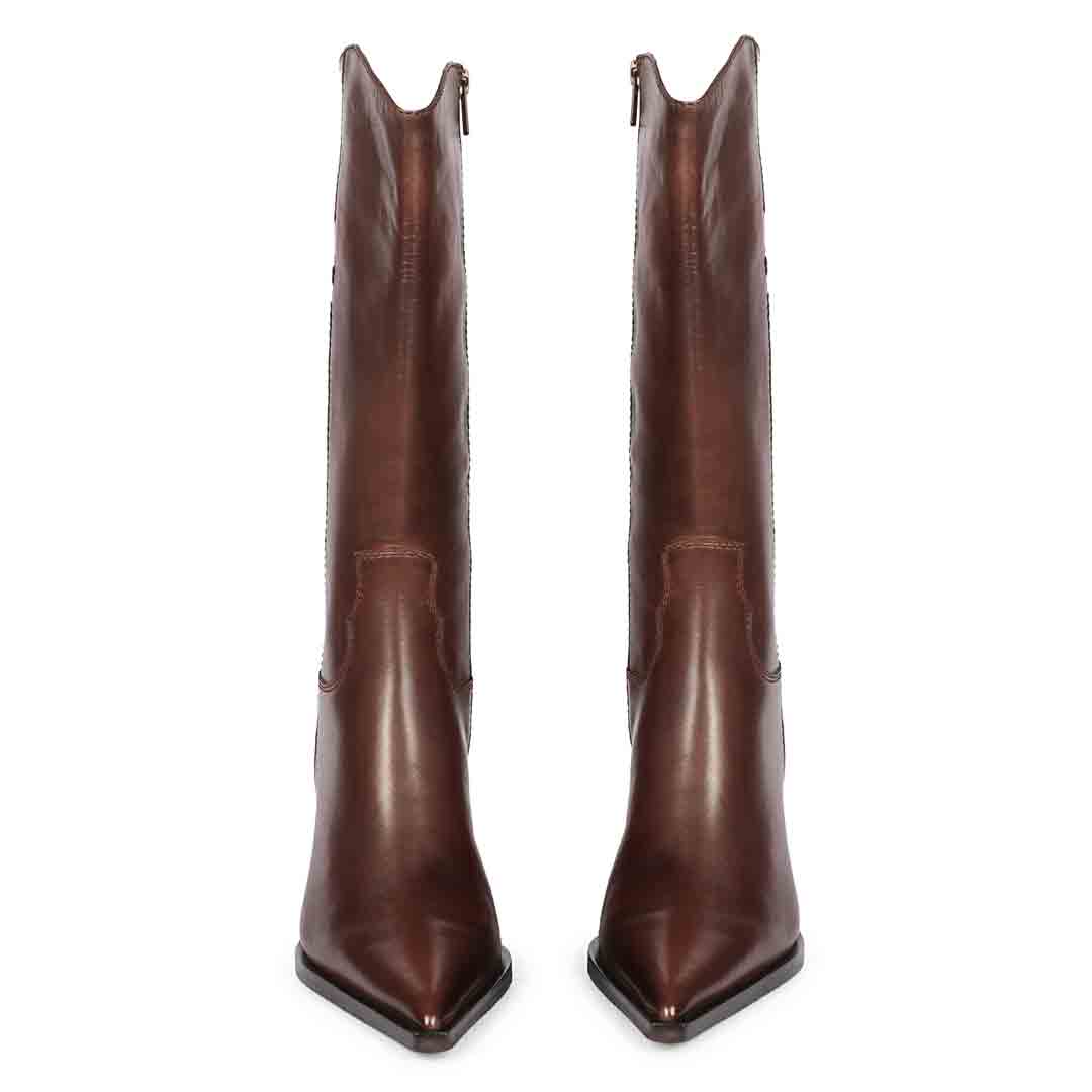 Women's brown knee high boots, front pair view with western-cut shaft