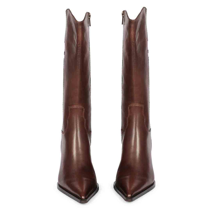 Women's brown knee high boots, front pair view with western-cut shaft