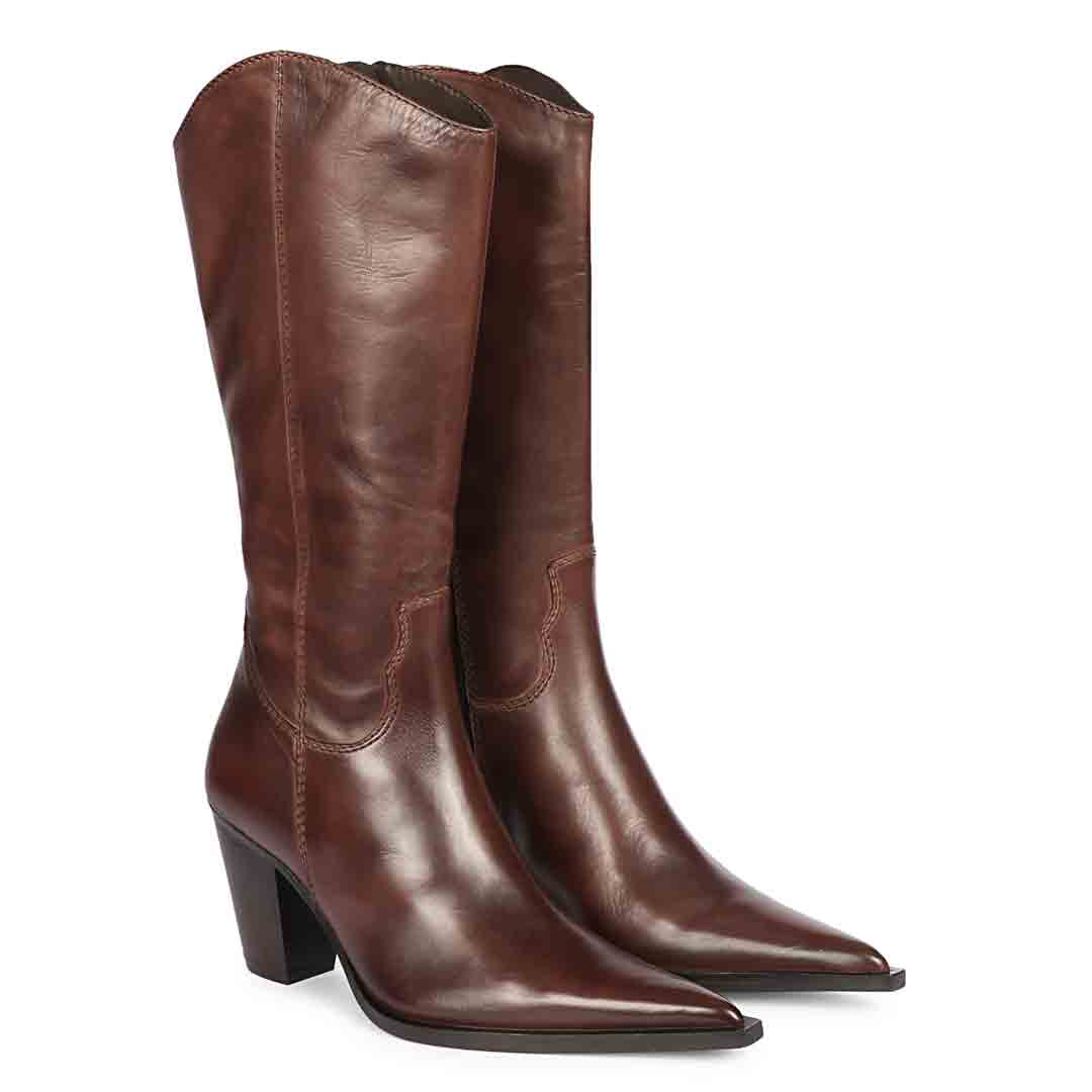 Brown leather knee high boots for women UK, pair view showing pointed toe and stacked heel