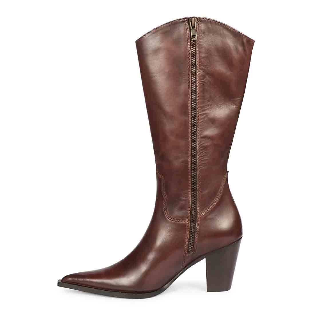 Saint Prune brown leather knee high boots, side view showing zip closure