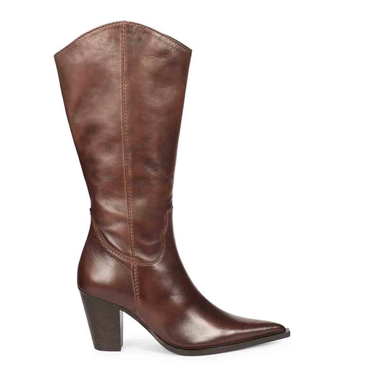 Saint Prune brown leather knee high boots for women, western-style side view with stacked heel