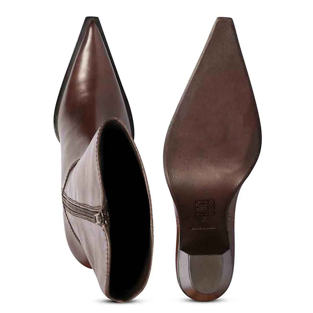 Saint Prune brown leather knee high boots, interior and sole view