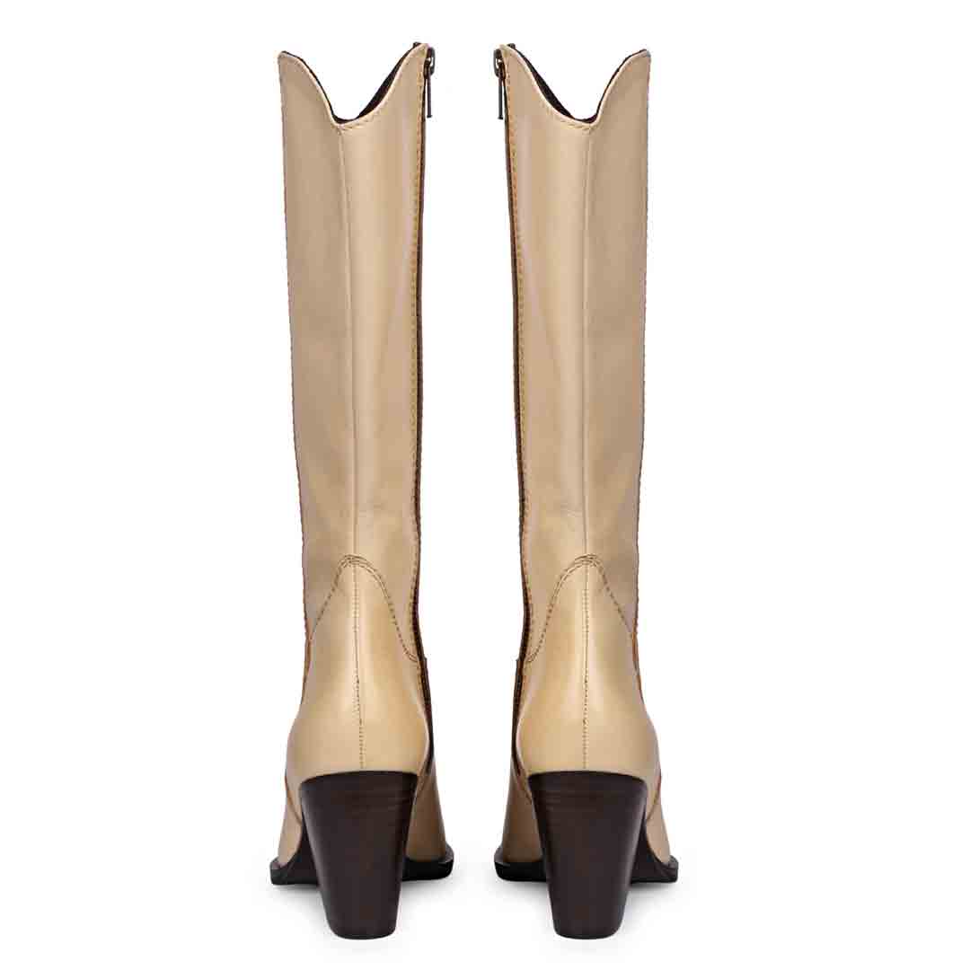 Saint Prune natural leather knee high boots, back pair view showing stacked block heel