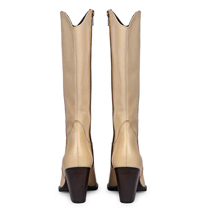 Saint Prune natural leather knee high boots, back pair view showing stacked block heel