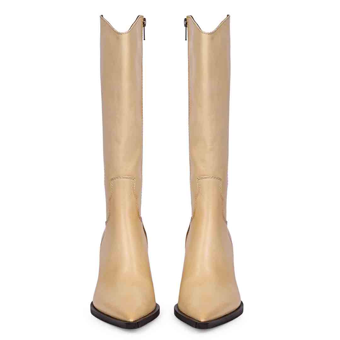 Women's natural leather knee high boots, front pair view with western-cut shaft