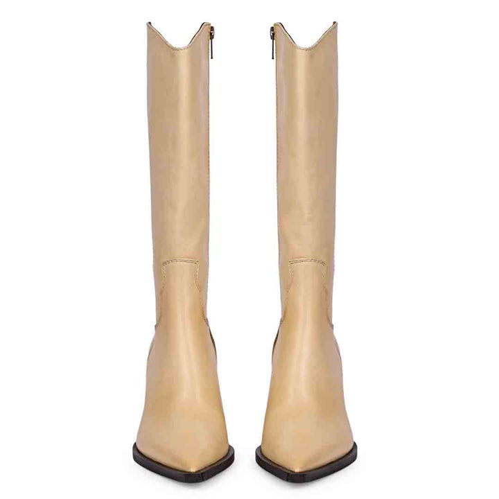 Women's natural leather knee high boots, front pair view with western-cut shaft