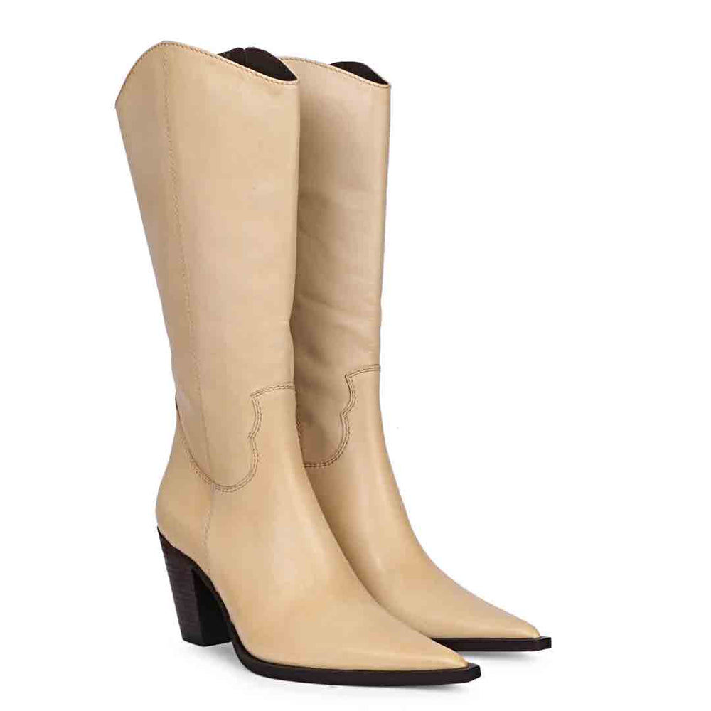 Knee high boots for women UK in natural leather, pair view showing pointed toe and stacked heel