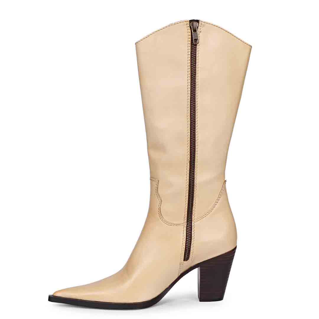 Saint Prune natural leather knee high boots, side view showing zip closure