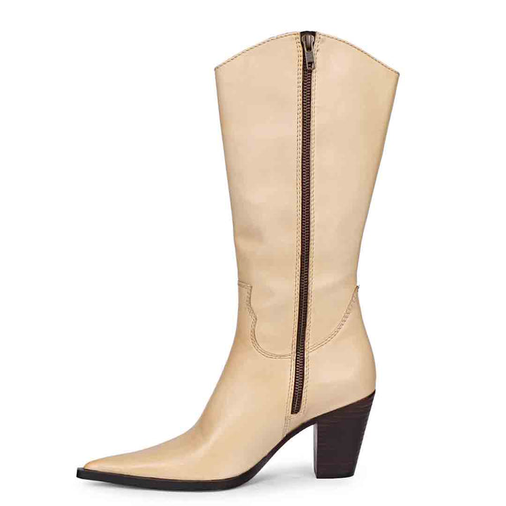 Saint Prune natural leather knee high boots, side view showing zip closure