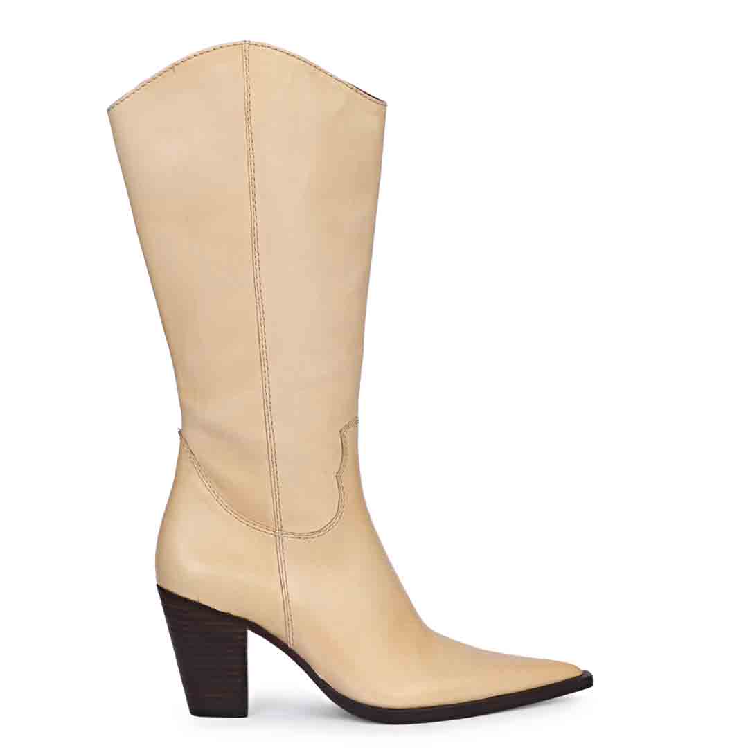 Saint Prune natural leather knee high boots for women, western-style side view with stacked heel