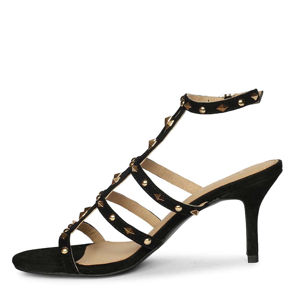 Saint Quenel Black Leather Studded Stilettos, angled view