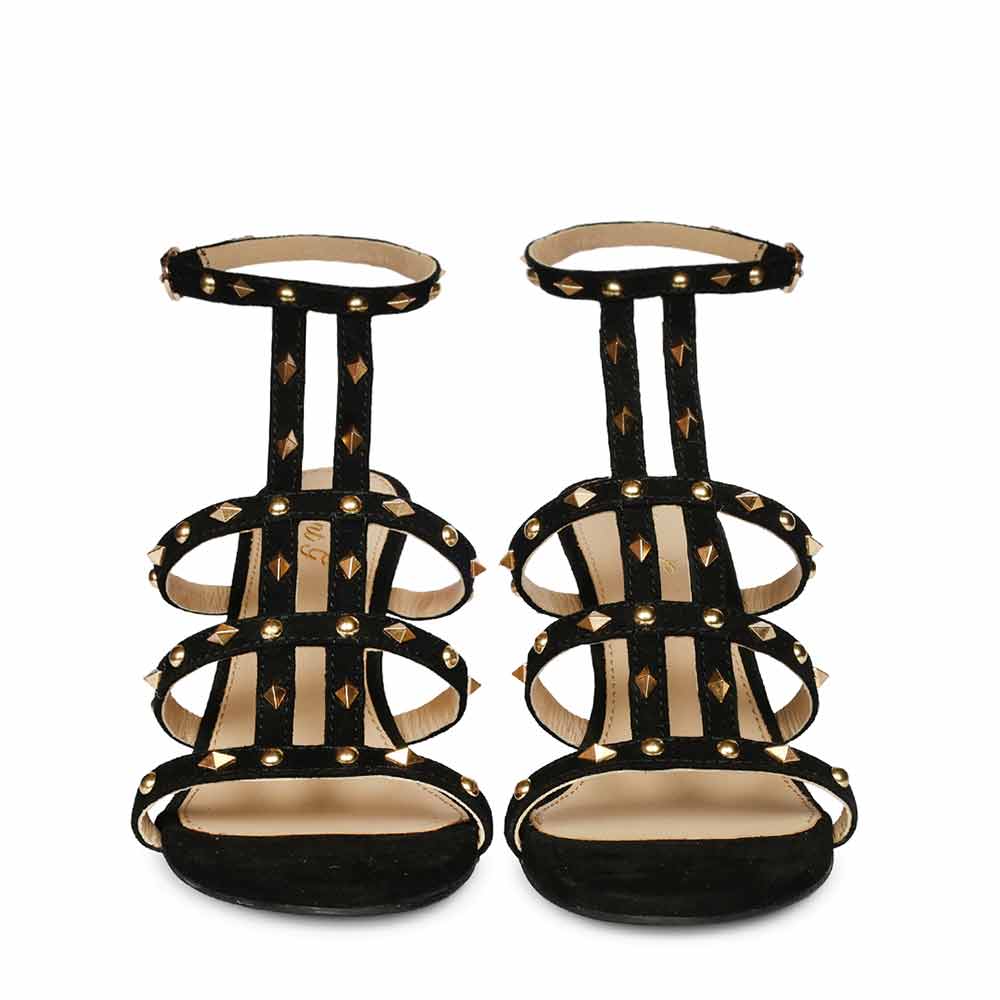 Front view of black leather studded stilettos detail on Saint Quenel Black Leather Studded Stilettos