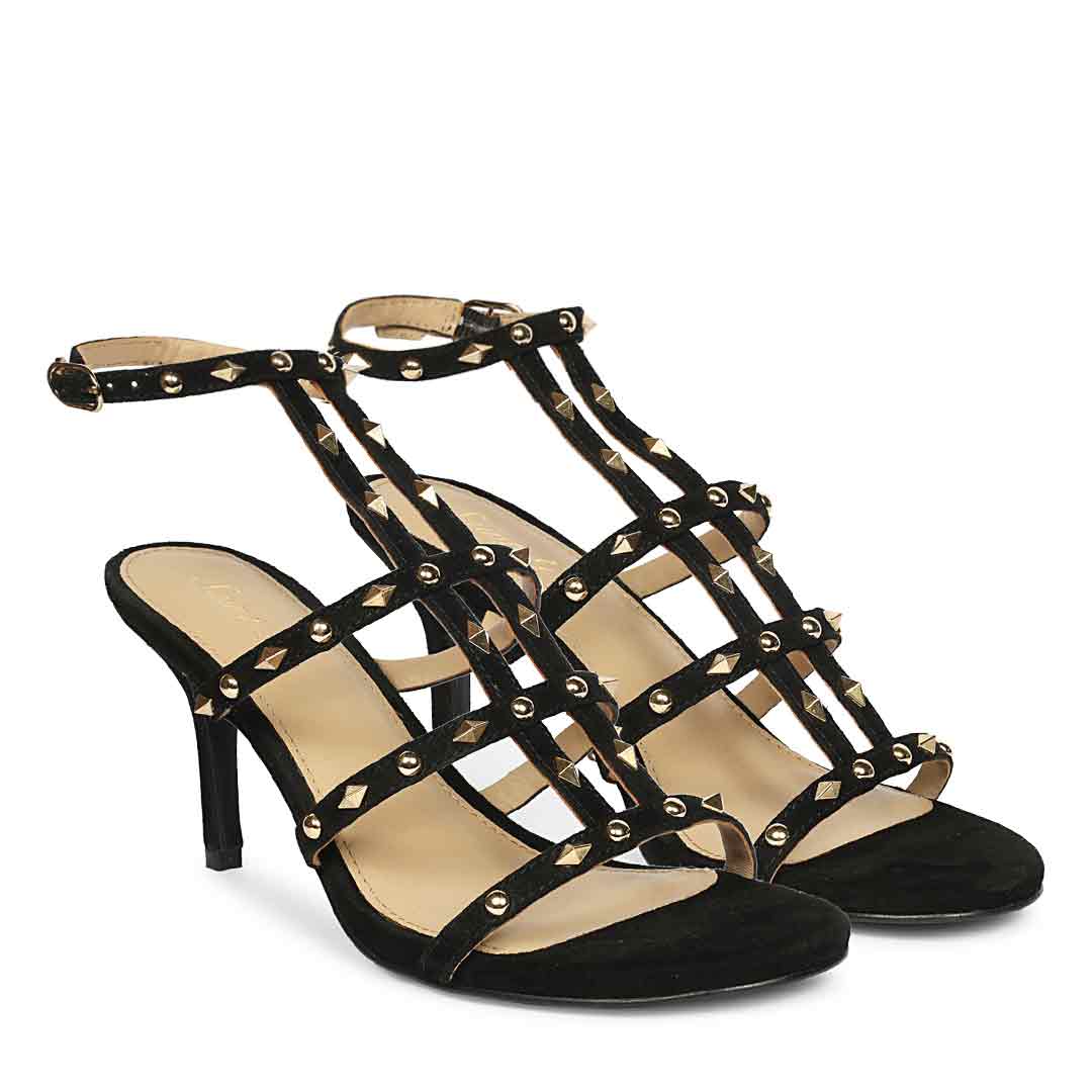 Saint Quenel Black Leather Studded Stilettos, pair view