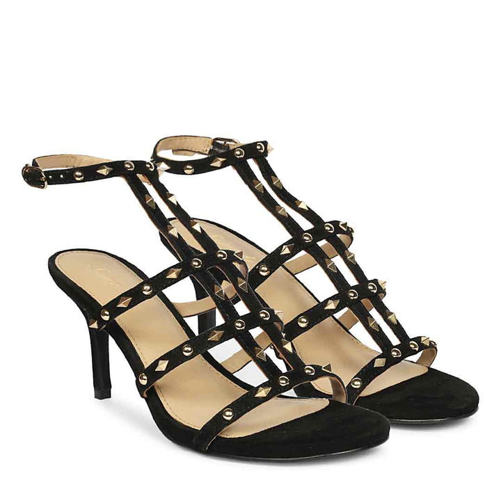 Saint Quenel Black Leather Studded Stilettos, pair view