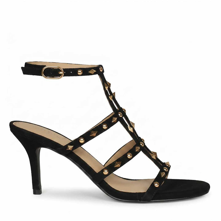 Saint Quenel Black Leather Studded Stilettos, side view