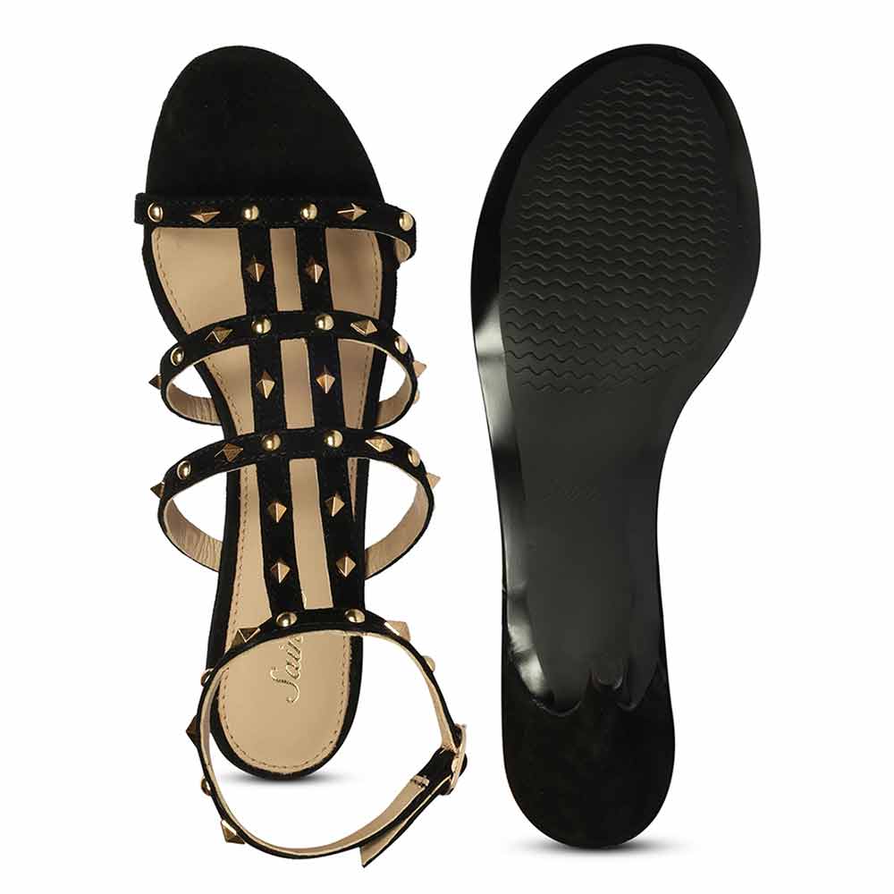 Saint Quenel Black Leather Studded Stilettos, sole view