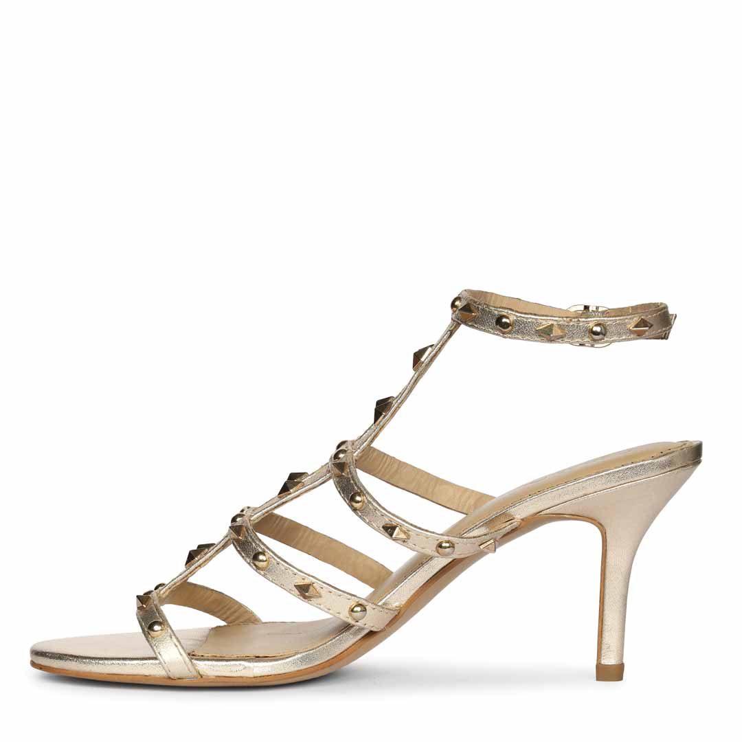 Saint Quenel Metallic Gold Leather Studded Stilettos, angled view