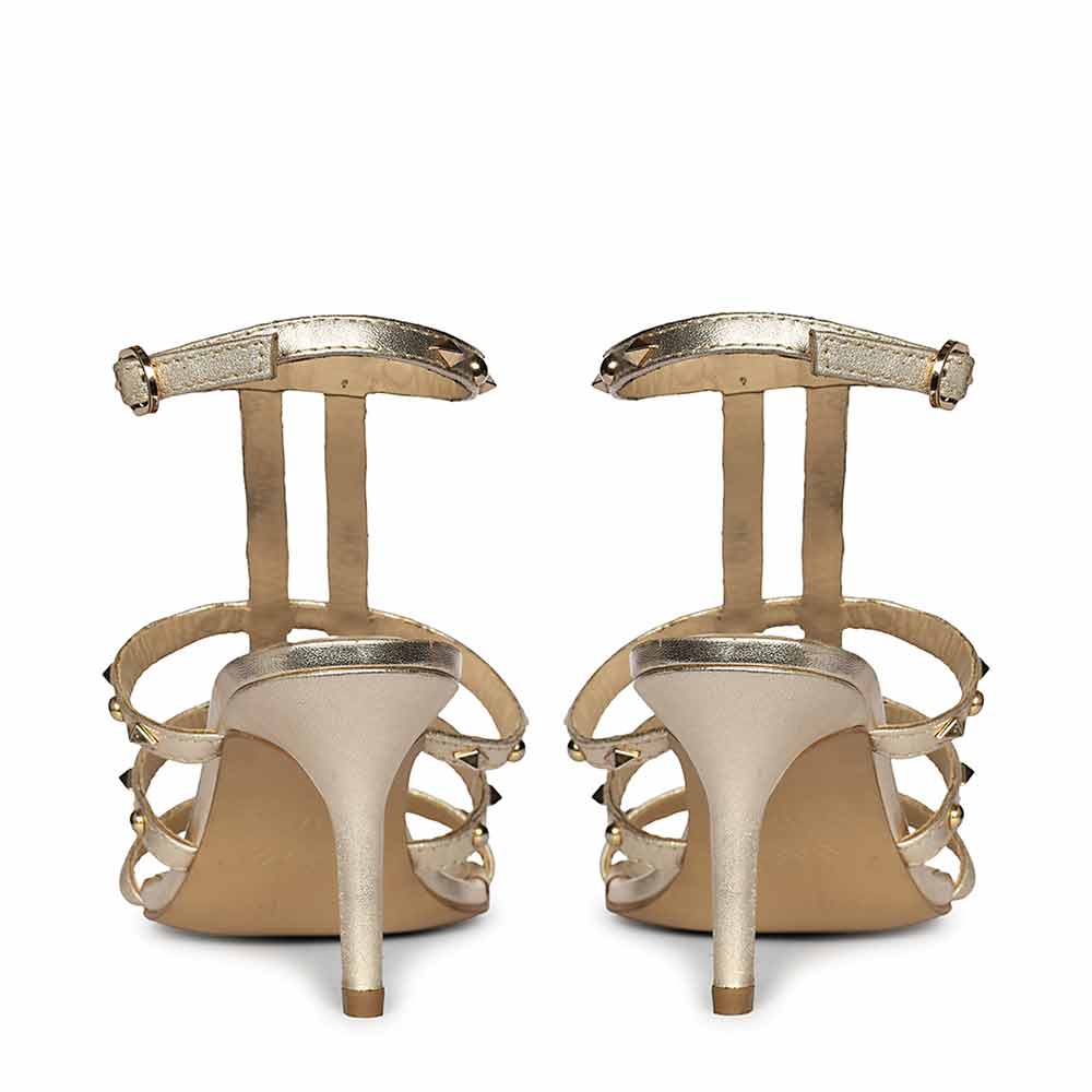 Saint Quenel Metallic Gold Leather Studded Stilettos, back pair view