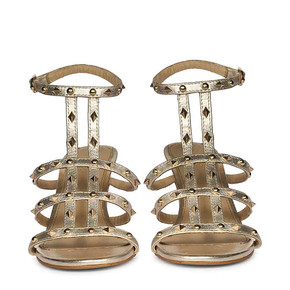 Saint Quenel Metallic Gold Leather Studded Stilettos, front view