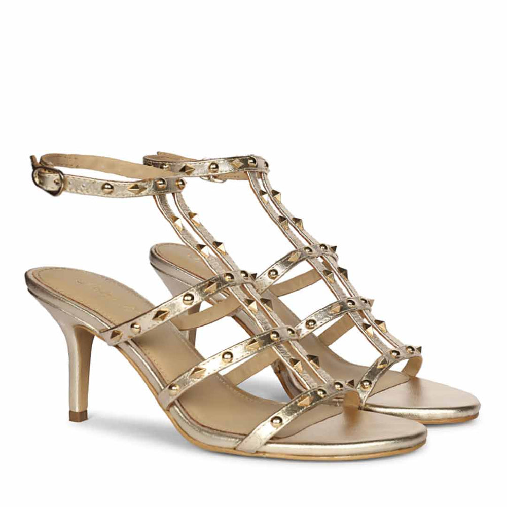 Saint Quenel Metallic Gold Leather Studded Stilettos, pair view