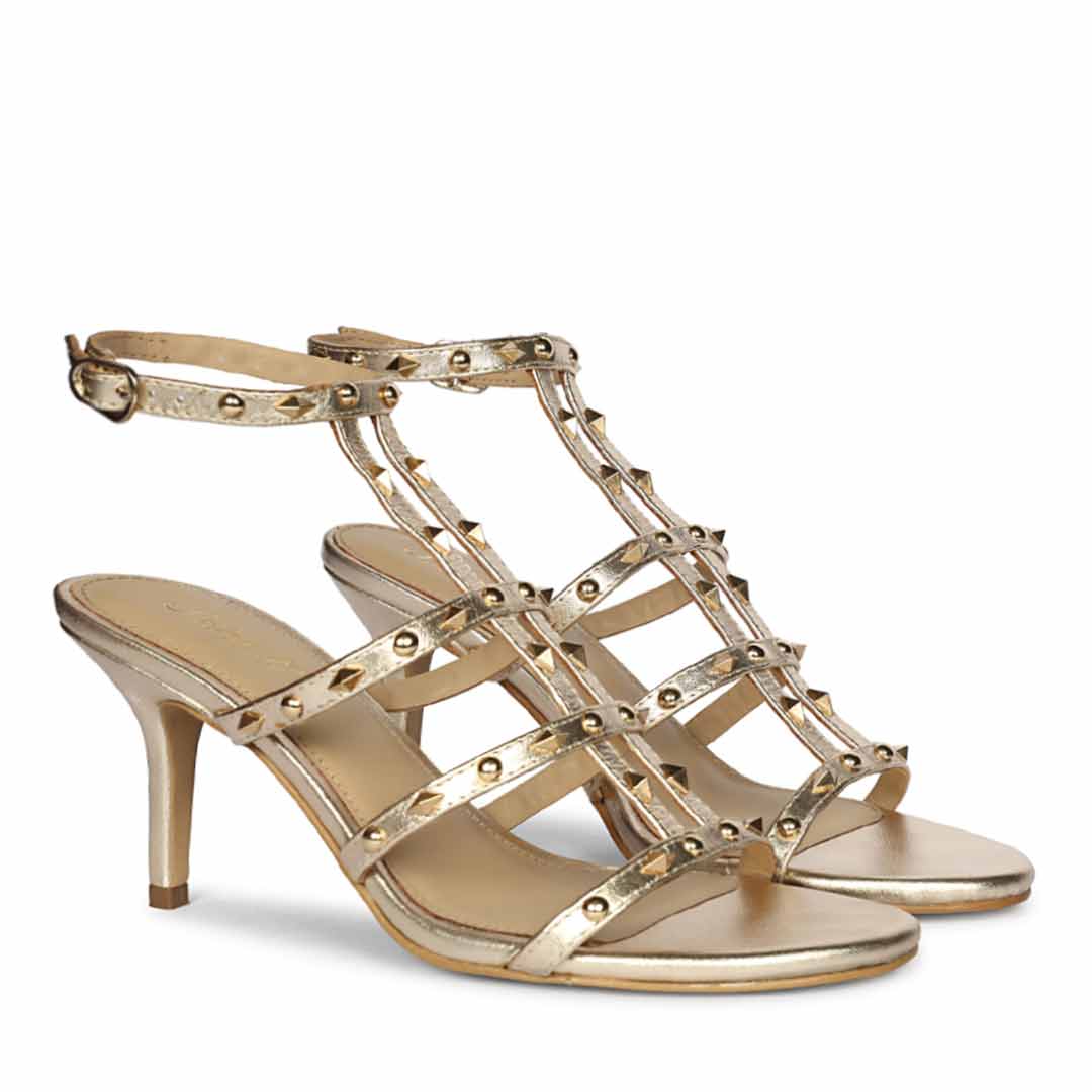Saint Quenel Metallic Gold Leather Studded Stilettos, pair view