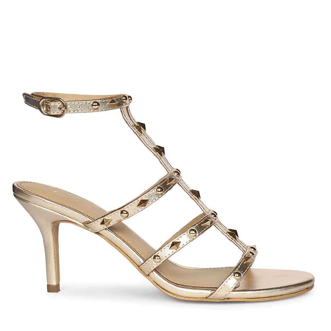 Saint Quenel Metallic Gold Leather Studded Stilettos, side view