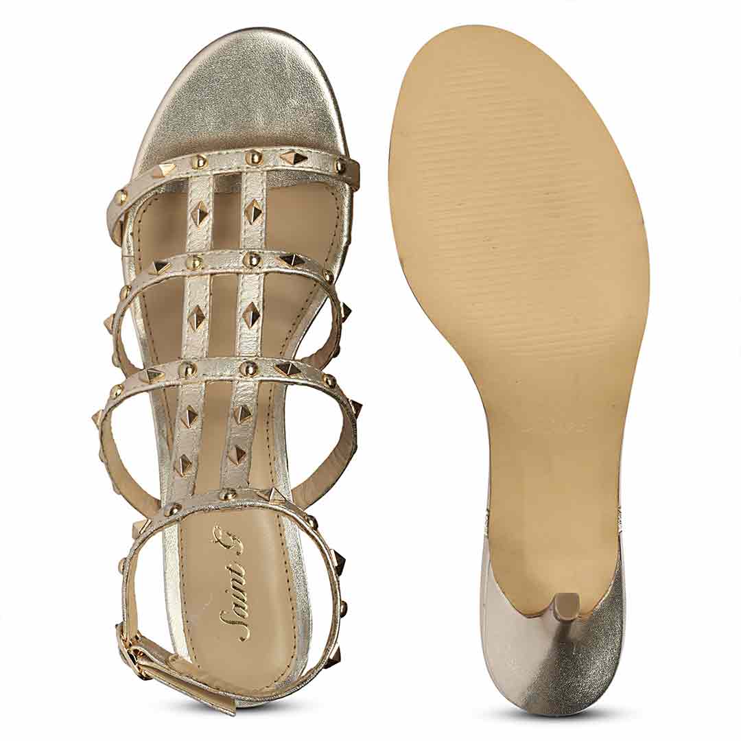 Saint Quenel Metallic Gold Leather Studded Stilettos, sole view