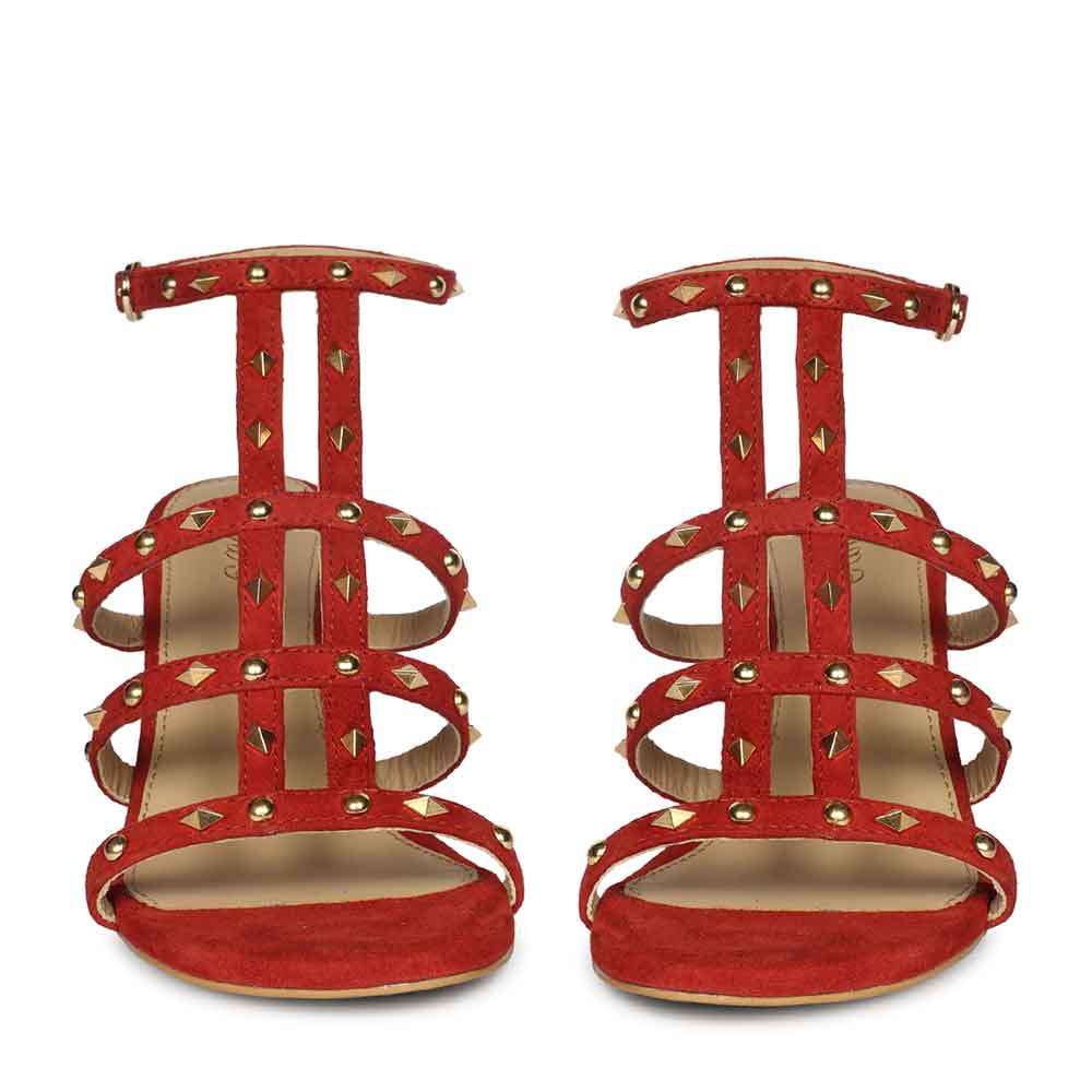 Saint Quenel Red Leather Studded Stilettos, front view
