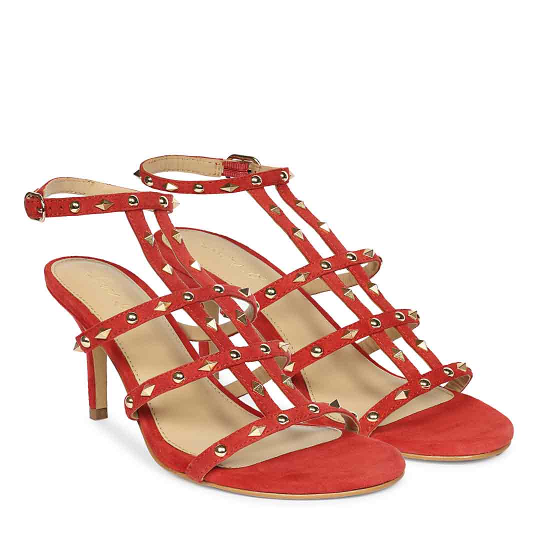 Saint Quenel Red Leather Studded Stilettos, lifestyle view