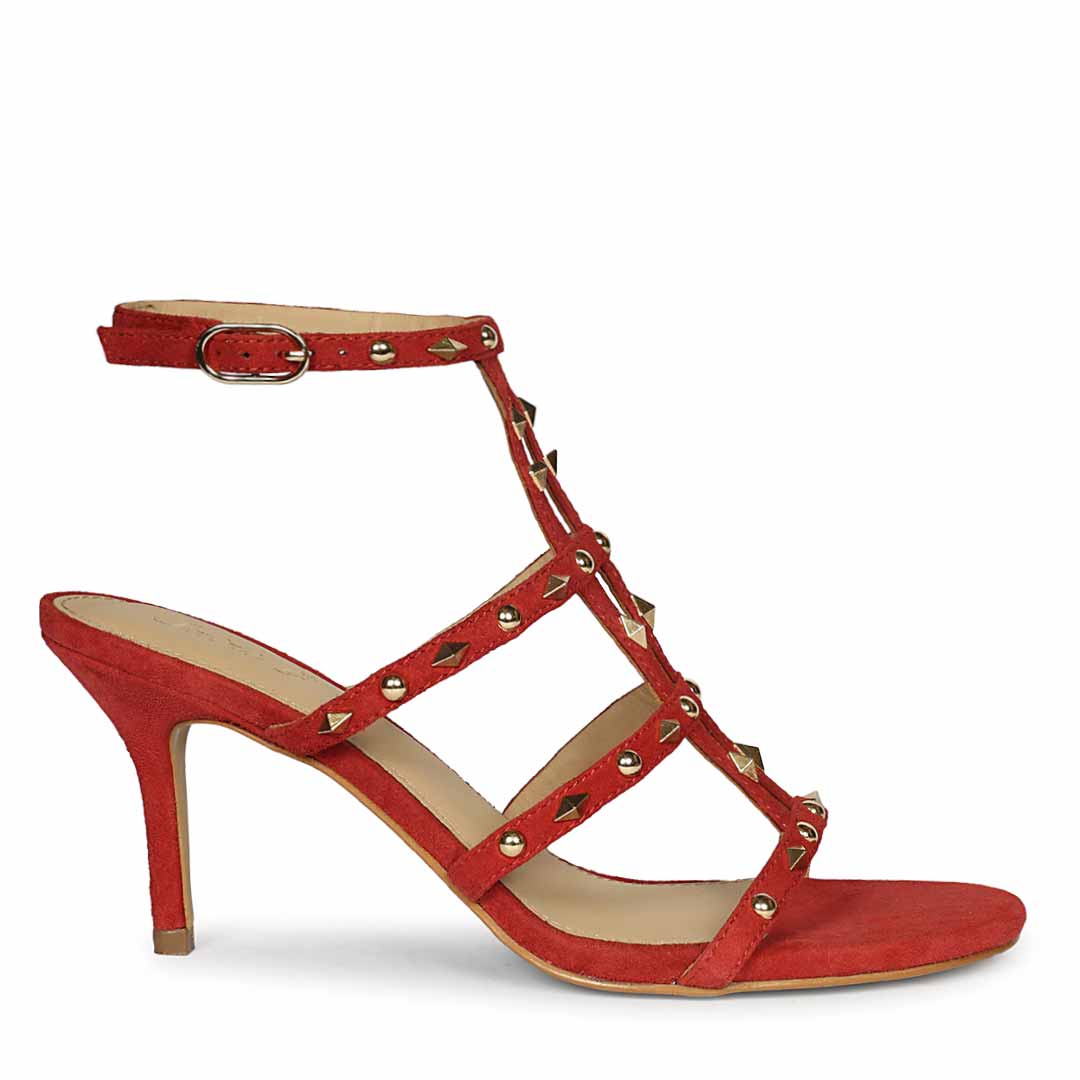 Saint Quenel Red Leather Studded Stilettos, side view